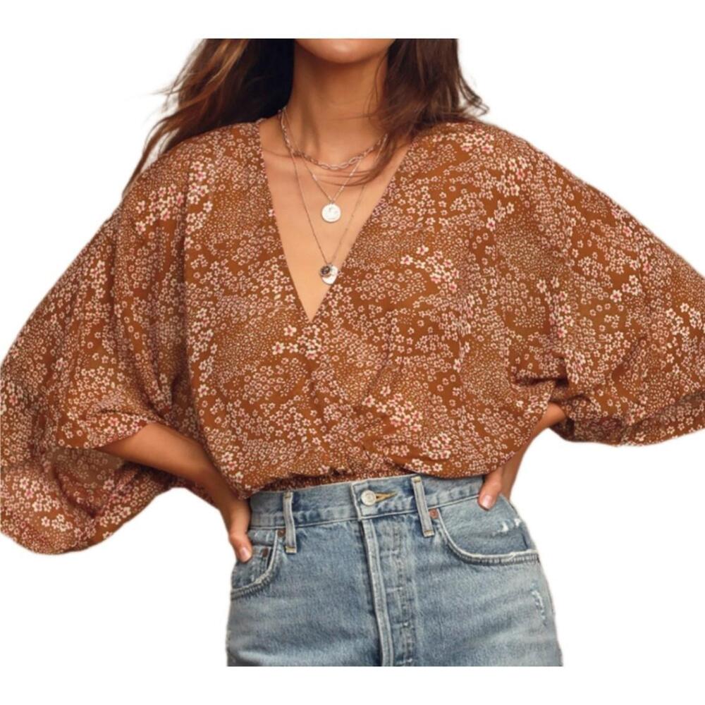 Lulu's Promises Kept Brown Ditsy Floral Sheer Smocked Womens Top Size XS